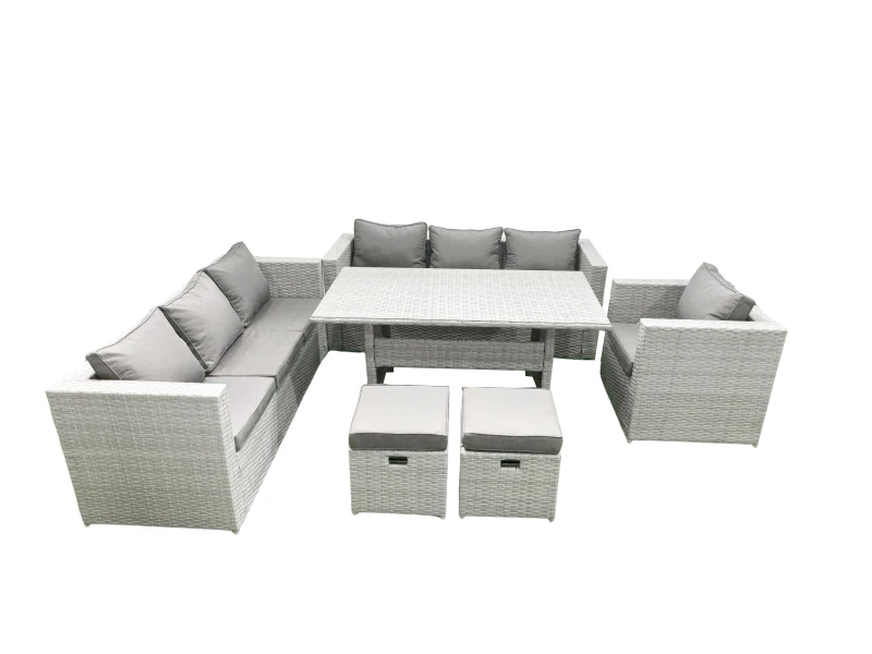 Image of Fimous 6 Pieces Outdoor Rattan Sofa Set with Cushions Patio Garden Furniture Sets with Armchair Dining Table 2 Small Footstools Light Grey