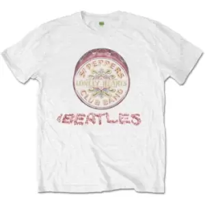 Image of The Beatles - Flowers Logo & Drum Unisex Medium T-Shirt - White