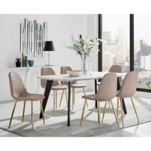 Image of Furniturebox UK - Andria Black Leg Marble Effect Dining Table and 6 Cappuccino Corona Faux Leather Dining Chairs with Gold Legs Diamond Stitch
