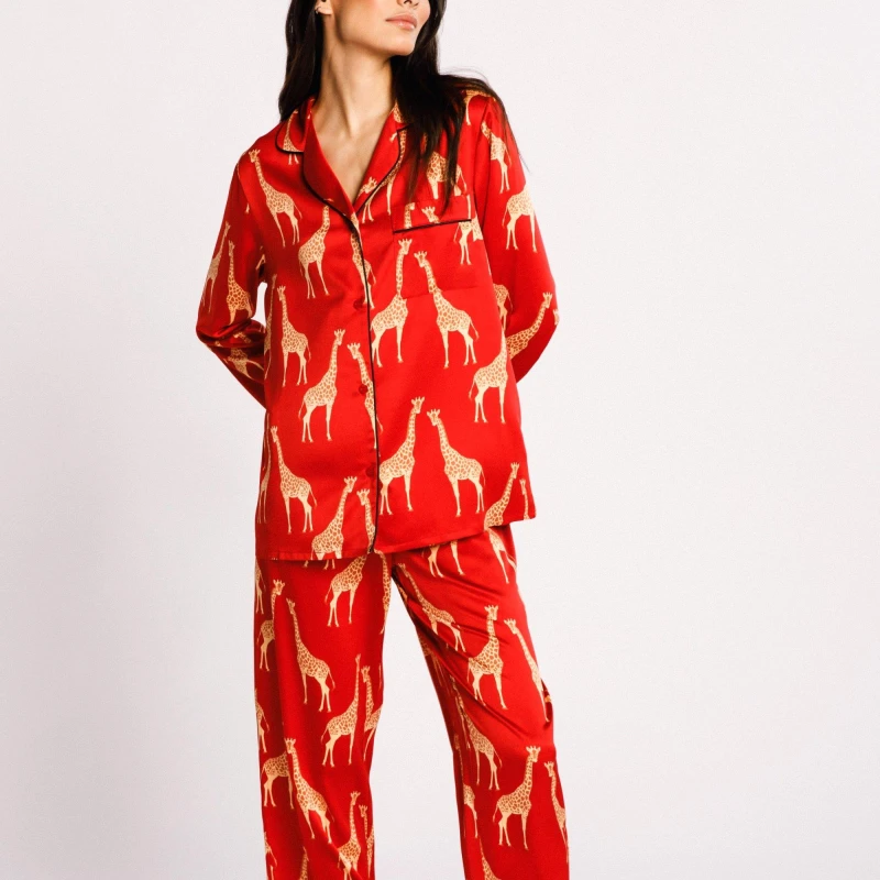 Image of Chelsea Peers Print Long Sleeve Pyjamas Set Red/Giraffe female 14 (L)