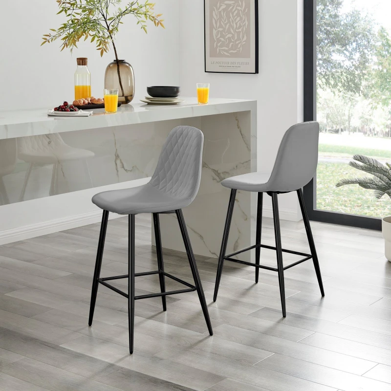 Image of FurnitureboxUK FurnitureboxUK Corona Set of 2 Bar Stools - Faux Leather Bar Chair With Black Legs - Kitchen Island Stool in Grey Grey One Size Unisex