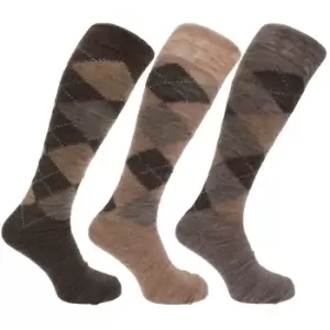 Image of Mens Traditional Argyle Pattern Long Length Lambs Wool Blend Socks (Pack Of 3) (UK Shoe 6-11, EUR 39-45) (Shades of Brown)