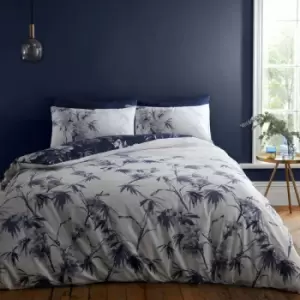 Image of Bianca Kyoto Leaf Print 100% Cotton Reversible Duvet Cover and Pillowcase Set, Navy, Super King
