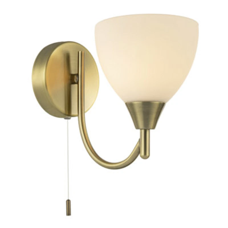 Image of Happy Homewares Contemporary Pull Switched Wall Light In Antique Brass With White Glass Shade