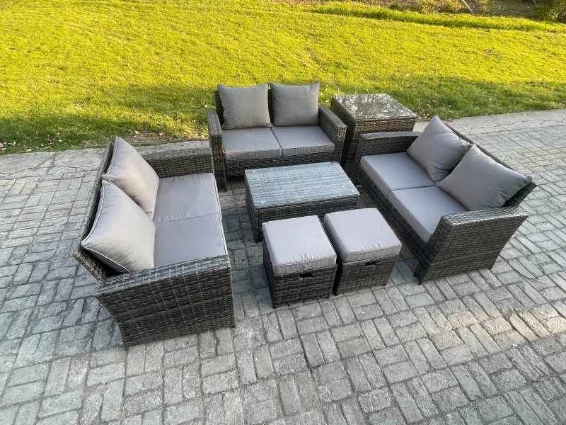Image of Fimous 7pc Rattan Sofa Garden Furniture Outdoor Patio Set with Side Table 2 Small Footstools Double Seat Sofa Dark Grey Mixed Dark Grey Unisex