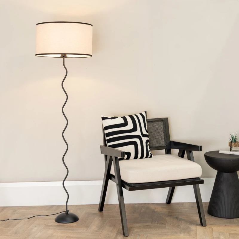 Image of ValueLights ValueLights Wiggle Black Metal Single Stem Floor Lamp with Linen Black Trim Drum Lamp Shade Black One Size Unisex 5059406057038