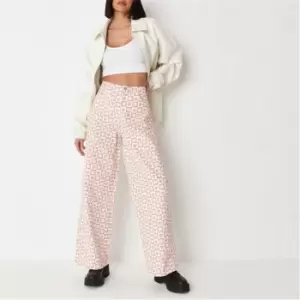 Image of Missguided Checkerboard Floral Wide Leg Jeans - Cream