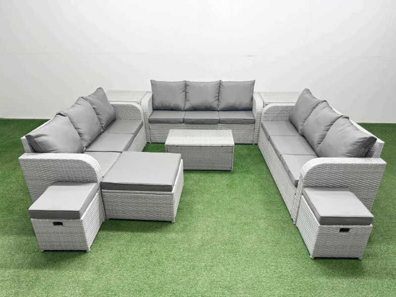 Image of Fimous PE Rattan Lounge Sofa Set 12 Seater Outdoor Garden Furniture Set with Rectangular Coffee Table 3 Seater Sofa 3 Stools 2 Side Table Light Grey L