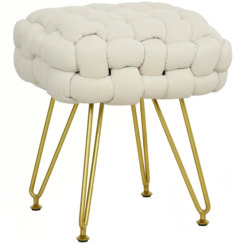 Image of HOMCOM Woven Velvet Foot Stool with Steel Legs for Living Room, Cream White Cream
