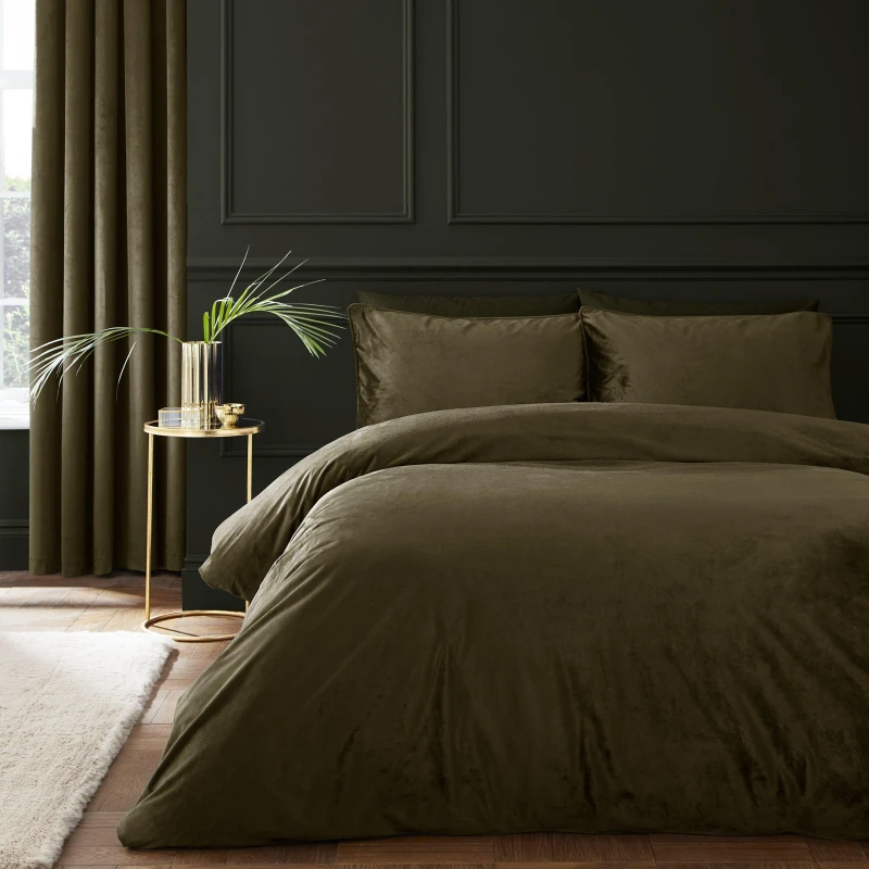 Image of Catherine Lansfield Catherine Lansfield 'Kingsley' Soft Matt Velvet Duvet Cover Set in Olive Size: Double Olive Double Unisex 5057681154930