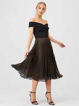 Image of Oasis Metallic Pleated Bardot Midi Dress - Gold, Bronze, Size 8, Women