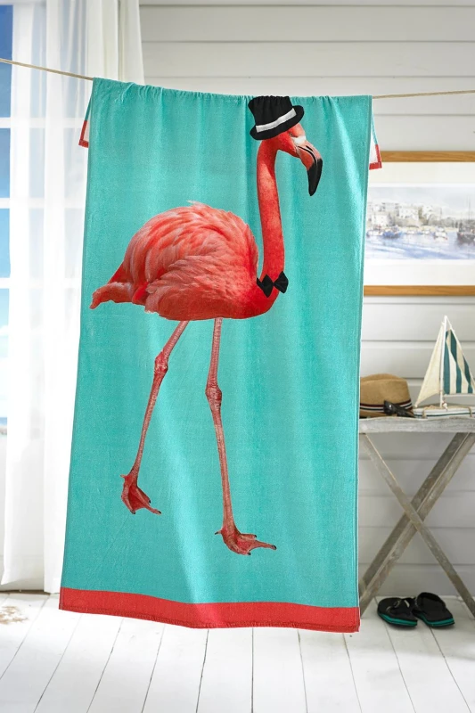 Image of Deyongs Quick Drying Cotton Beach Towel Flamingo Printed Velour 75x150cm Multi unisex
