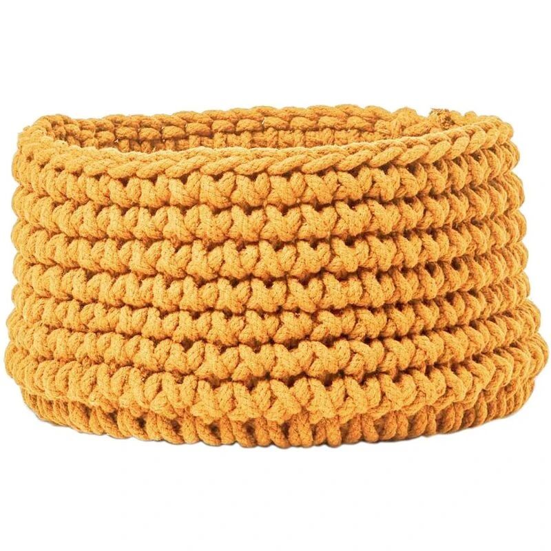 Image of Homescapes Cotton Knitted Round Storage Basket, 37 x 21cm Yellow