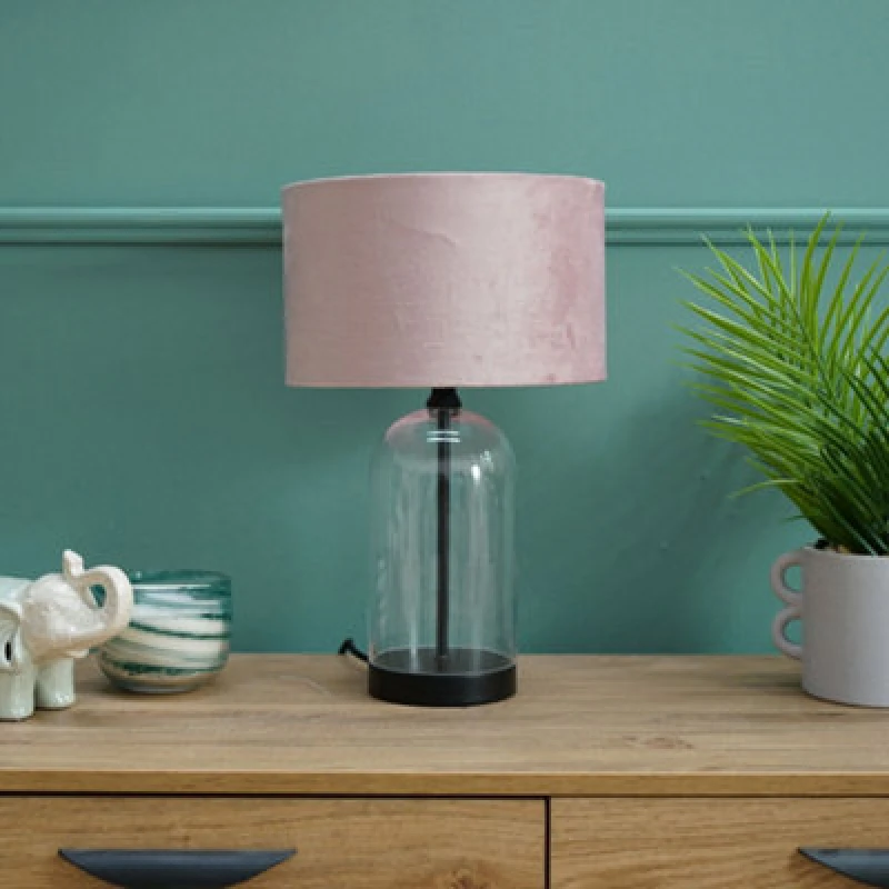 Image of ValueLights Jessy Black Glass Table Lamp With Blush Pink Velvet Shade Black