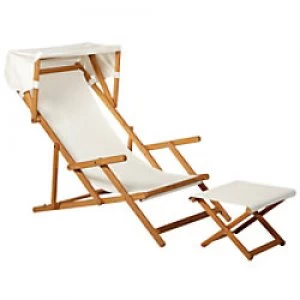 Image of Outsunny Deck Chair With Canopy Cream, White Acacia Wood, Fabric 84B-329