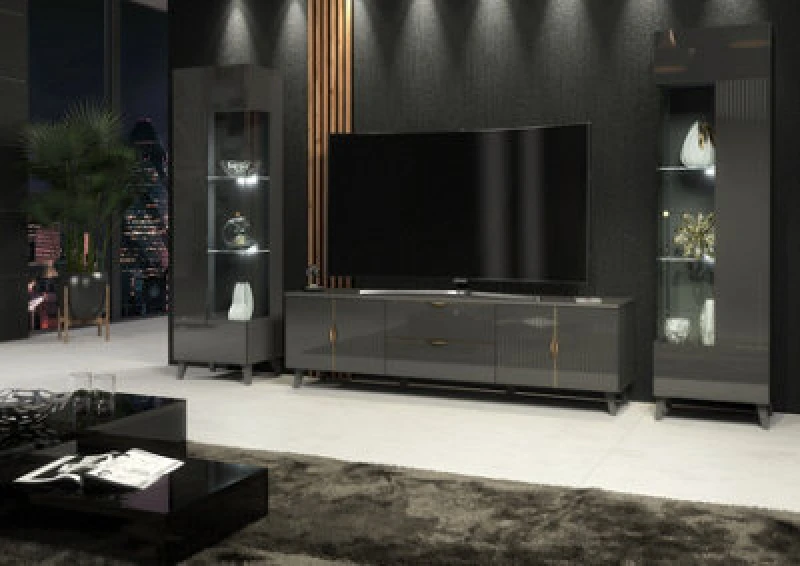 Image of Furneo Grey Living Room Set TV Stand Display Cabinets High Gloss & Matt Azzurro 10/12G White LED Lights