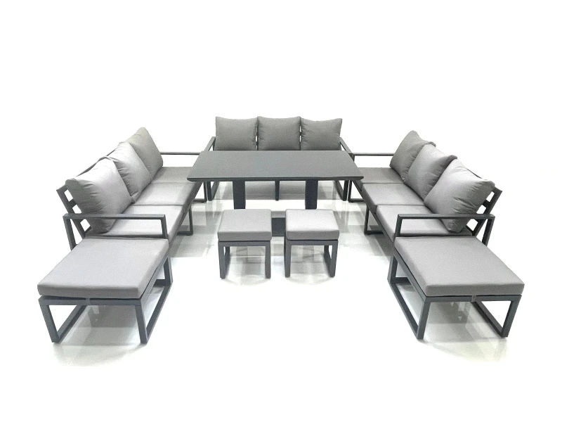 Image of Fimous 13 Seater Garden Sofa Set Aluminium Furniture Rising Dining Tabe Set with 4 Footstools Dark Grey Dark Grey Unisex