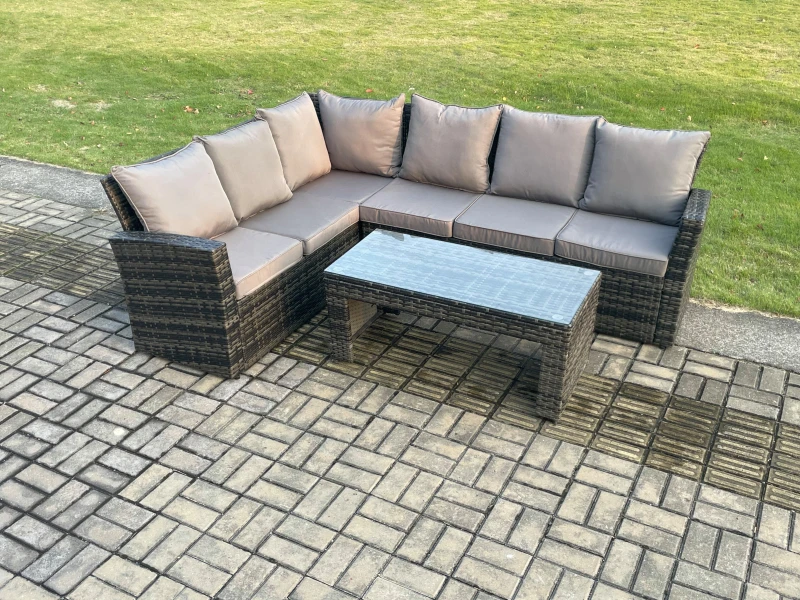 Image of Fimous 6 Seat Rattan Garden Furniture Corner Sofa Set Outdoor Patio Sofa Table Set Dark Grey Mixed Dark Grey