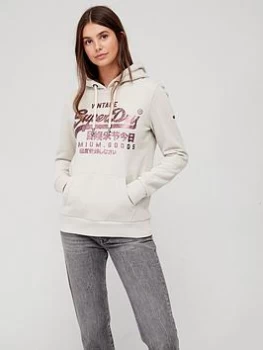 Image of Superdry Vintage Logo Foil Hoodie - Stone, Beige, Size 8, Women