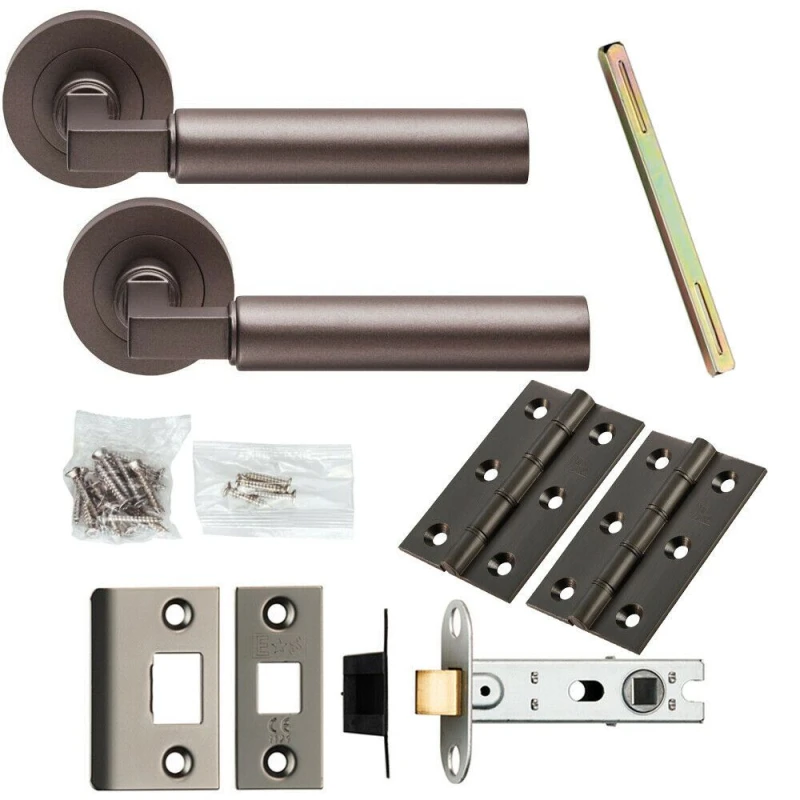 Image of Loops Door Handle & Latch Pack Matt Bronze Straight Round Bar Screwless Round Rose Multi