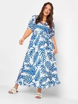 Image of Yours Shirred Waist Maxi Wrap Dress Blue Leave, White, Size 18, Women