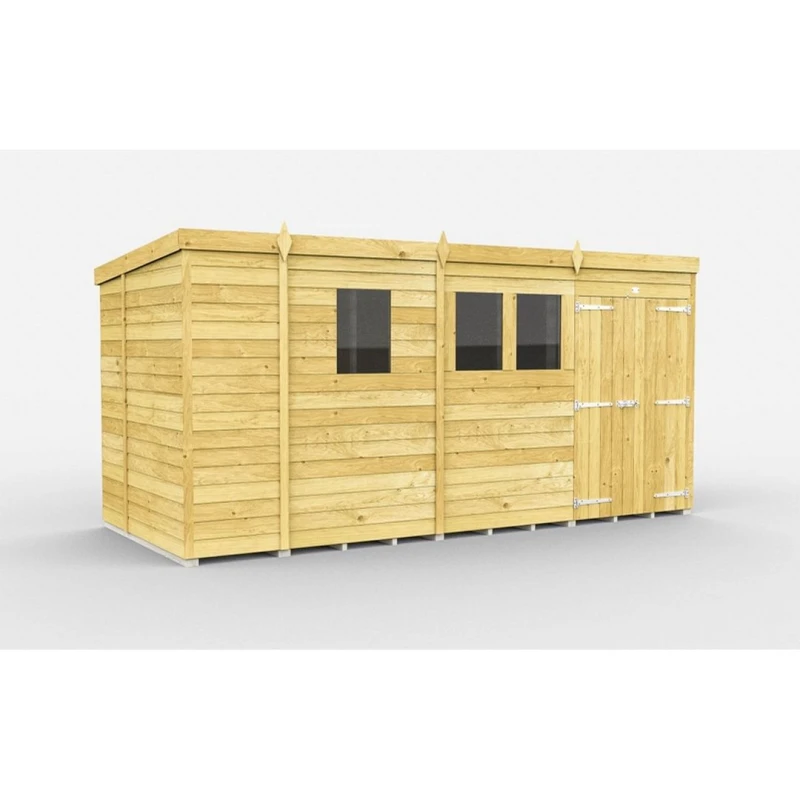 Image of Buttercup Farm 13 x 6 Feet Pent Shed - Double Door W/ Windows - L178 x W387 x H201cm in Brown Brown Unisex