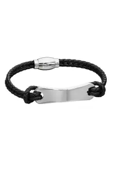 Image of Woven Black Leather & Stainless Steel Id Bar Bracelet