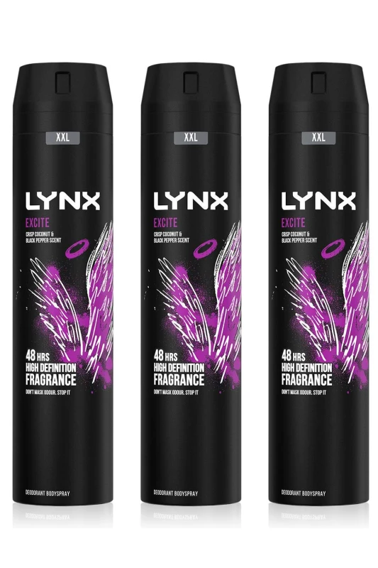 Image of Lynx XXL Excite High Definition Fragrance 'BodySpray' Deo,3x250ml Purple male