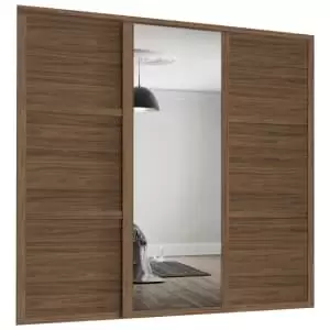 Image of Spacepro Shaker 2 x 762mm Carini Walnut 3 Panel Door/ 1 x Silver Mirror Kit with Colour Matched Track