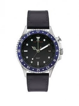 Image of Ted Baker Black and Blue Bezel Dial Black Leather Strap Watch, One Colour, Men