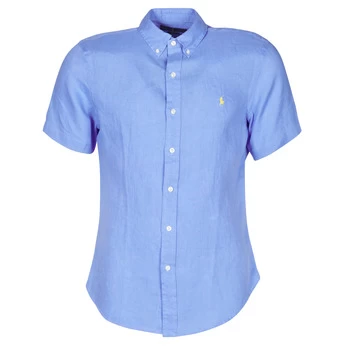 Image of Polo Ralph Lauren CHEMISE CINTREE EN LIN COL BOUTONNE LOGO PONY PLAYER mens Short sleeved Shirt in Blue - Sizes EU S,EU M,EU L,EU XL