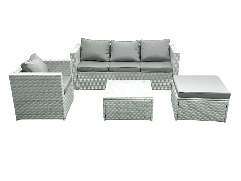 Image of Fimous 5 Seater Rattan Garden Furniture Set with 3 Seater Sofa Chair Square Coffee Table Big Footstool Light Grey Mixed Light Grey