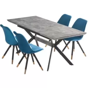 Image of 5 Pieces Life Interiors Sofia Blaze Dining Set - an Ash Extendable Rectangular Wooden Dining Table and Set of 4 Blue Dining Chairs - Blue