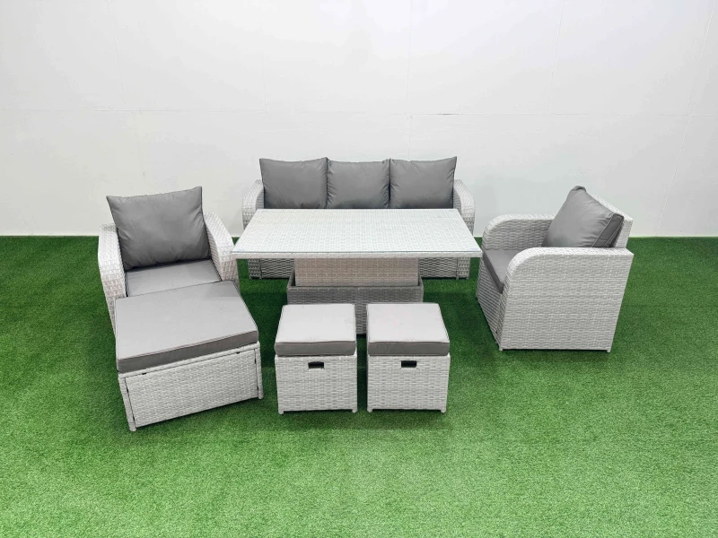 Image of Fimous PE Rattan Garden Furniture Set Reclining Chair Sofa Lounge Sofa Set Adjustable Lifting Dining or Coffee Table 3 Stools Light Grey Light Grey