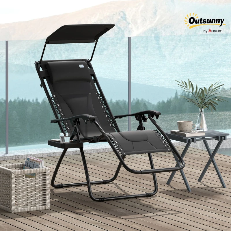 Image of Outsunny Zero Gravity Lounger Chair, Folding Reclining Patio Chair with Shade Cover True Black