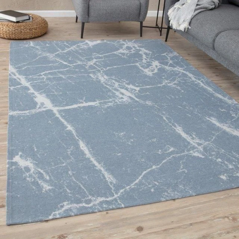 Image of THE RUGS Washable Rugs for Living Room Kitchen Bedroom Marble Design Blue Machine Washable Area Rugs & Runners 6955 Size: 120cm x 170cm Blue Unise