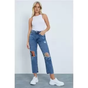 Image of I Saw It First Mid Wash Torn Hem Ripped Mom Jeans - Blue