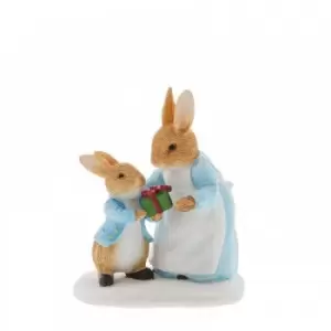 Image of Beatrix Potter Mrs. Rabbit Passing Peter Rabbit a Present Figurine