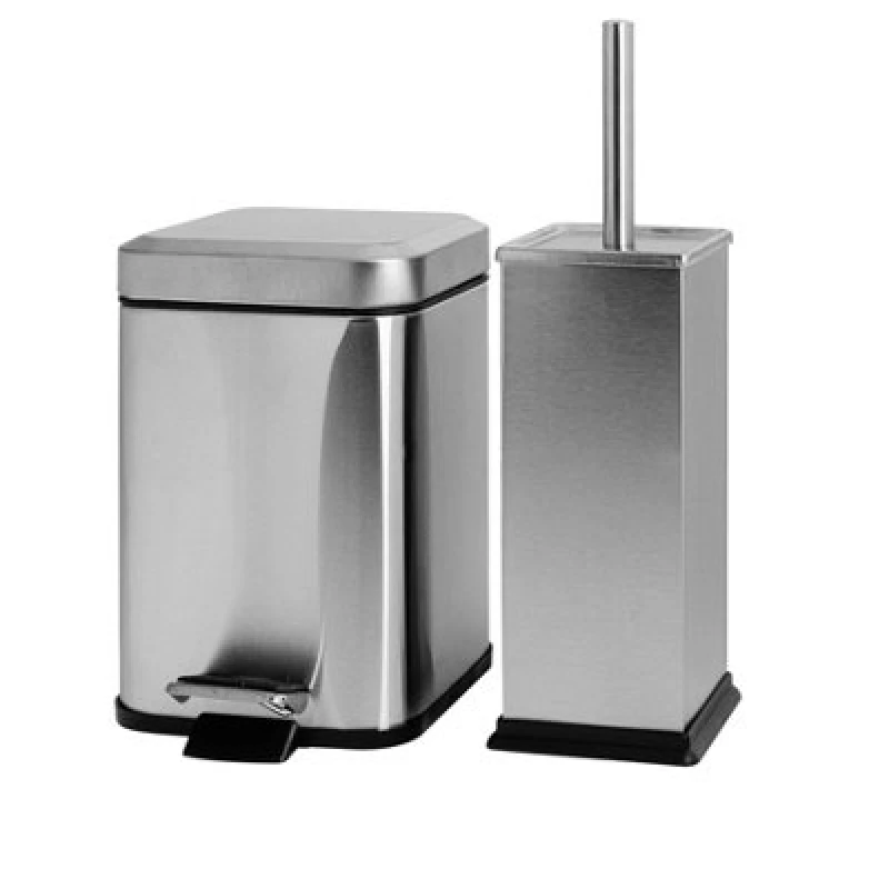 Image of Harbour Housewares Bathroom Bin & Toilet Brush Set - 3L - Brushed - Square Stainless Steel Slim Trashcan Rubbish Bin & Brush