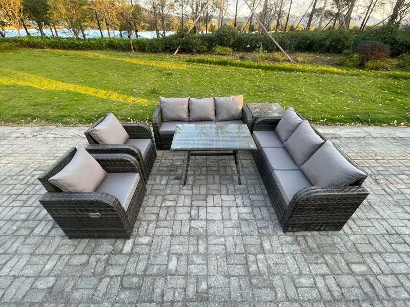 Image of Fimous 8 Seater Rattan Outdoor Garden Furniture Sofa Set Patio Table & Chairs Set with 3 Seater Sofa Rectangular Dining Table Side Table Dark Grey