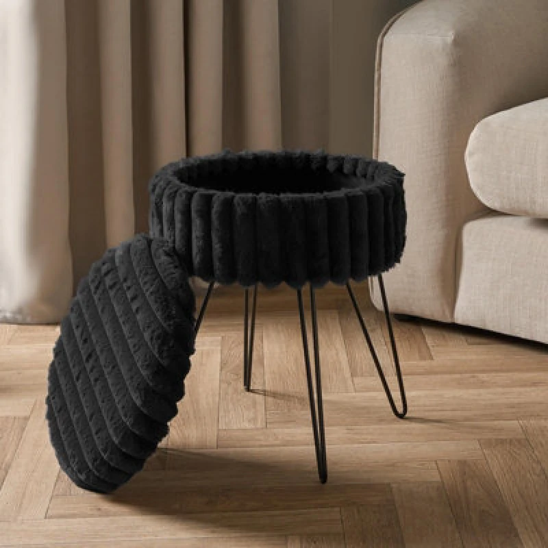 Image of OHS OHS Faux Fur Stool Hairpin Ribbed Fleece Round Vanity Seat Cushioned Foot Rest Chair in Black One Size Unisex 5027434198221