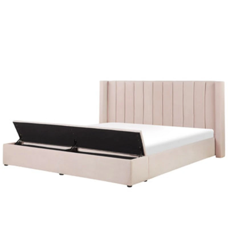 Image of Beliani Bed With Storage Bench Velvet Noyers 180 X 200 Cm (Eu Super King) Pastel Pink