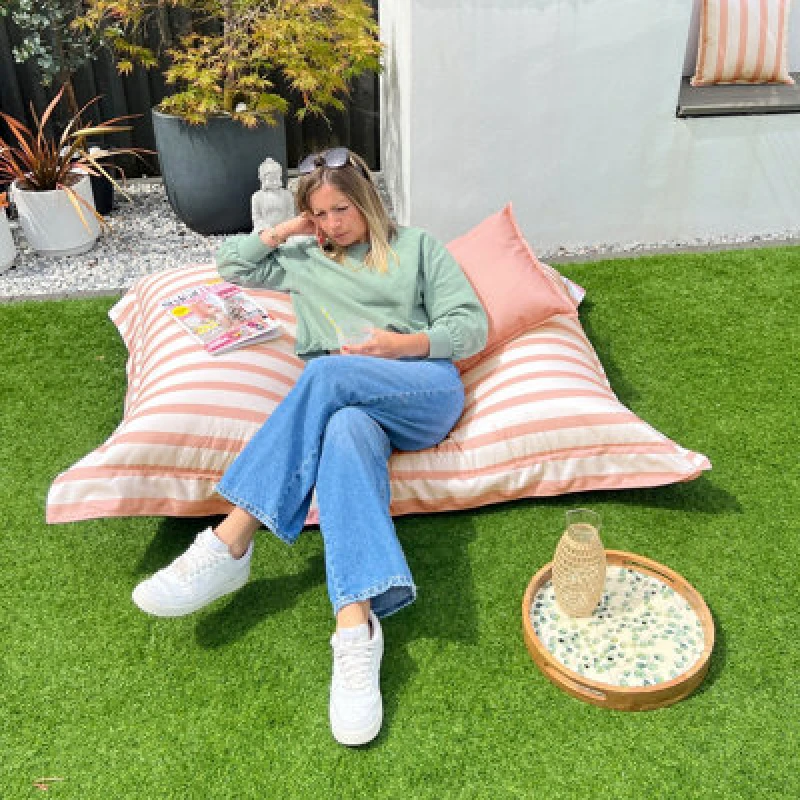 Image of rucomfy Beanbags Rucomfy Adults Squarbie Bean Bag - Indoor Or Outdoor Bean Bag Lounger Chair Pink Striped Print
