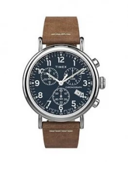 Image of Timex Timex Blue And Silver Detail Chronograph Dial Tan Leather Strap Mens Watch