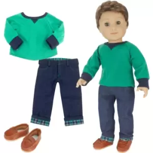 Image of Teamson Kids - Sophia's - 18 Doll - Shirt, Flannel Cuffed Jeans & Brown Penny Loafers - Green
