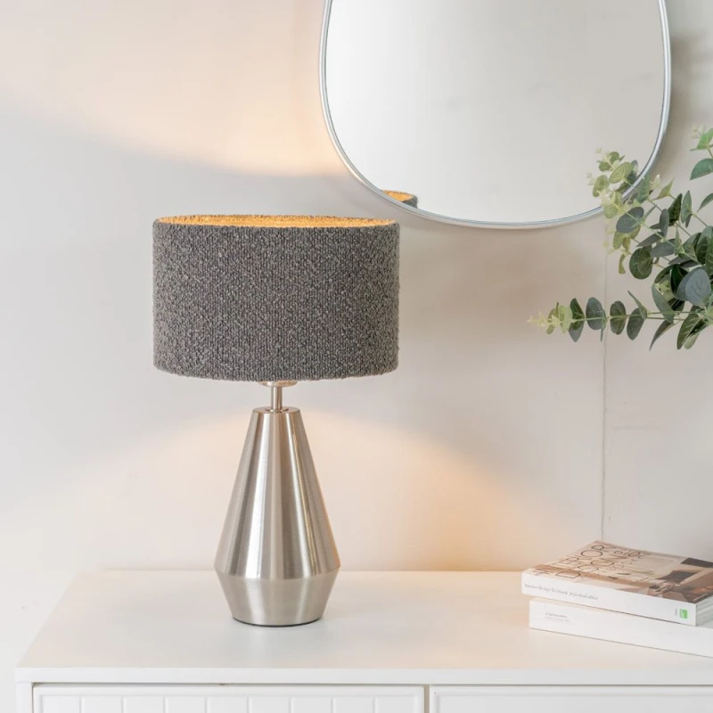 Image of ValueLights Jax Brushed Chrome Dimmable Touch Table Lamp with Velvet Drum Shade Charcoal