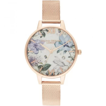 Image of Bejewelled Florals Demi Silver Glitter Dial & Rg Mesh Watch