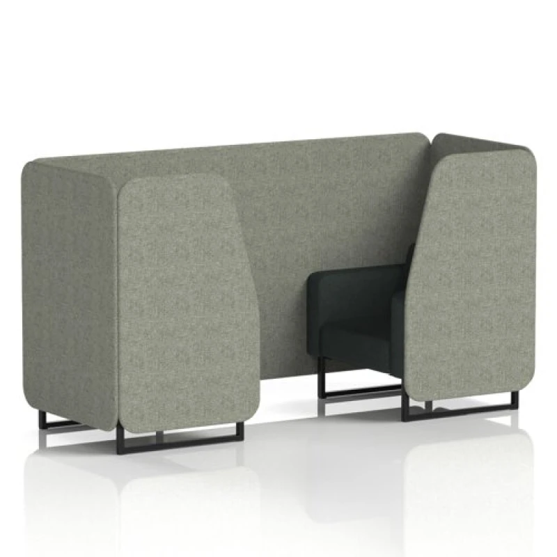 Image of Brixworth 2 Seater Office Booth with Front Panel - Black Legs in Rivet Fabric - Vitreous Panels and Charcoal Sofa