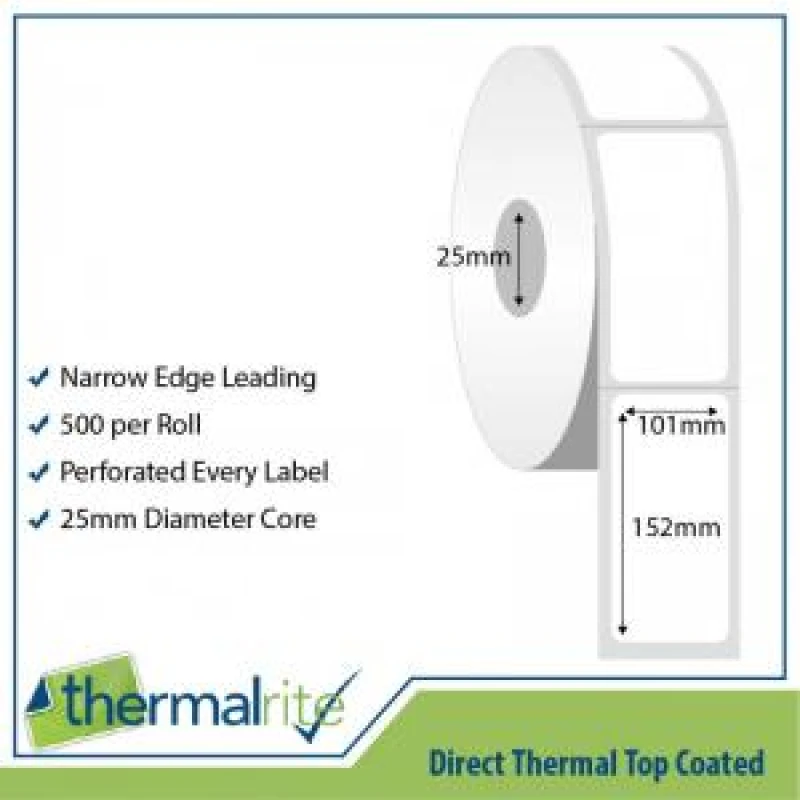 Image of Thermalrite Thermalrite Direct Thermal Labels 101x152mm 25mm core (Pack 20 Rolls of 500 Labels per Roll) - RL101.152DT-25 RL101.152DT-25
