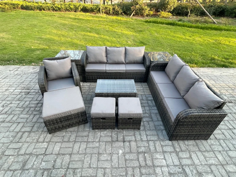 Image of Fimous 10 Seater Rattan Lounge Sofa Set Outdoor Garden Furniture Set with Rectangular Coffee Table 3 Seater Sofa 3 Footstools 2 Side Tables Dark Grey